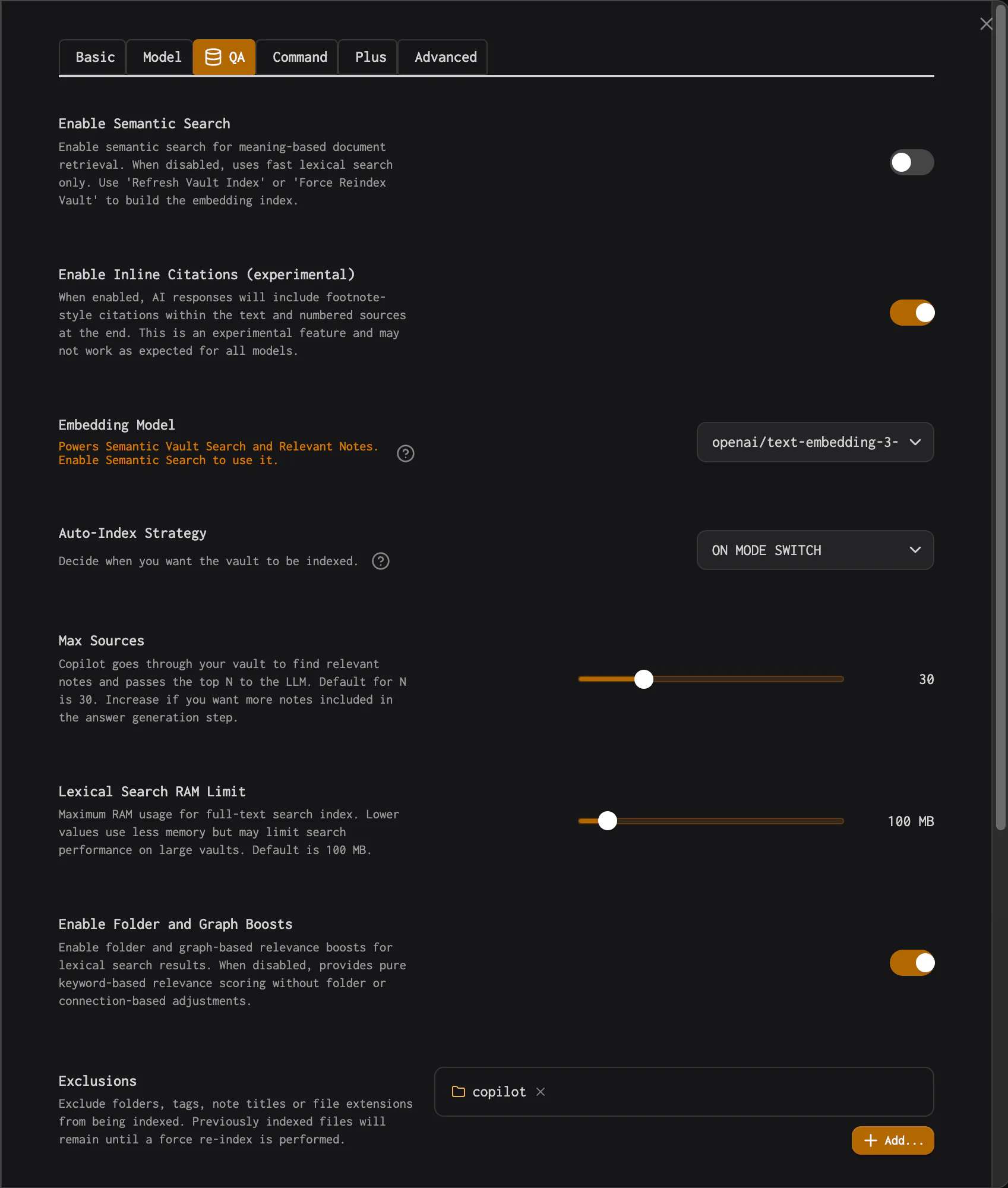 Obsidian AI plugin settings showing multiple technical configuration tabs